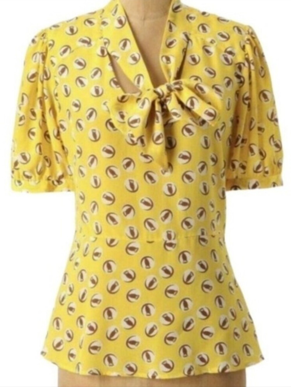 ANTHROPOLOGIE LEMON LIFTOFF OWL RETRO SILK BLOUSE - SIZE 8 - GIRLS FROM SAVOY